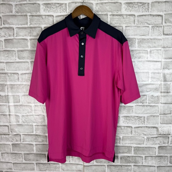 FootJoy FJ Hot Pink Black Trim 4 Button Performance Golf Polo Mens LARGE Stretch - Picture 1 of 8